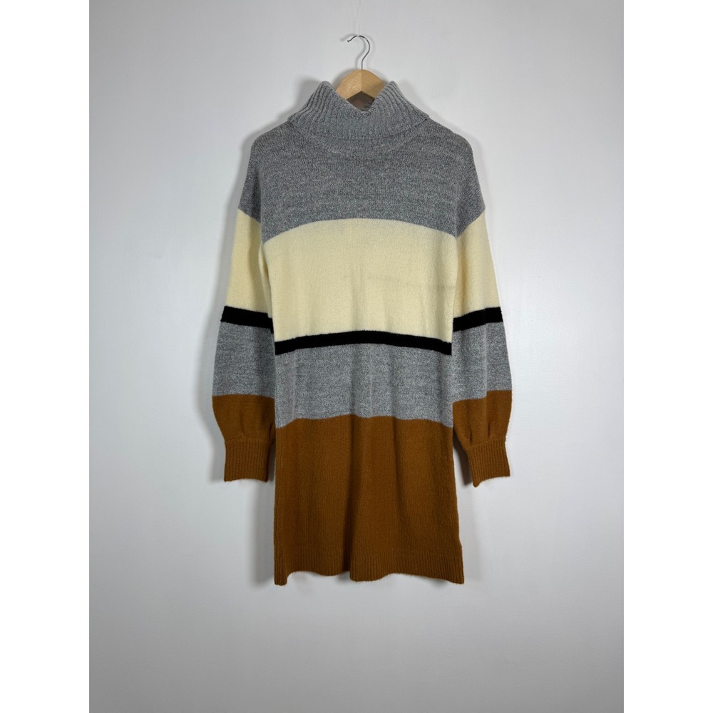 Boho Hem & Thread Womens Medium Sweater Dress Grey Rust Colorblock Turtleneck